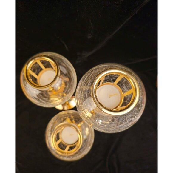 Elegant Vintage Gold & Glass Crackle Candle Holders Set Of 3 With Tall Stems & T - Picture 6 of 6
